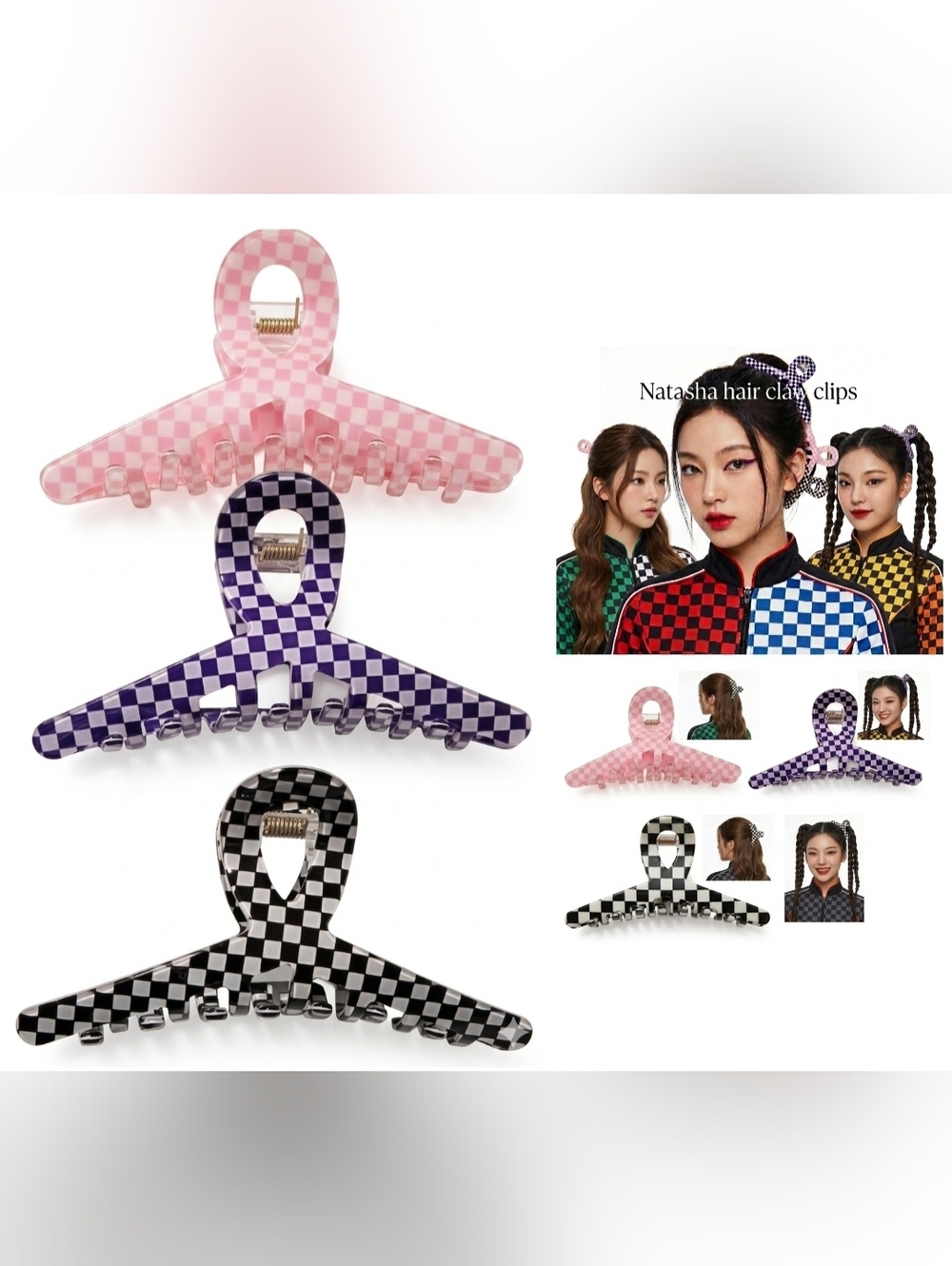 Nwt 3 Natasha Checkered Hair Claw Clips Set Pink White Purple Black 4' Long